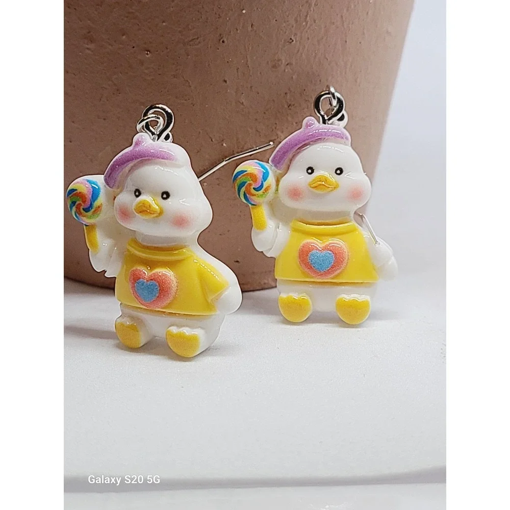 Handmade Duck with Lollipop Resin Drop‎ Earrings Yellow Heart Sweater Novelty